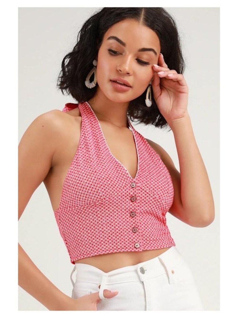 Free People Picnic Print Halter Crop Top Spring Summer Crop Tank Blouse Shirt
